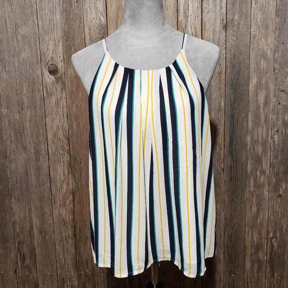 DNA Couture L Tank Top Blouse White Blue Striped Pleated Flowy Women's - Picture 1 of 5
